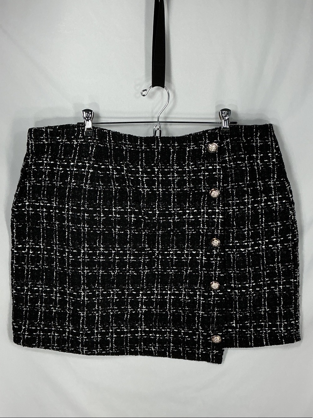 SHEIN Tweed Mini Skirt Black White Plaid Gold Buttons Size 2XL XXL Preppy Cute